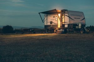 a travel trailer at night